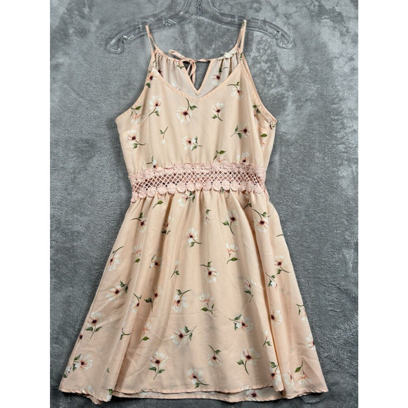 E&M Floral Lace Trim Spaghetti Strap Side Zip Tie Mini Dress SmallFemme Fatale - Picture 1 of 10